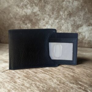 Image 1 (Front): Front view of black leather bifold wallet with curved stitching detail.