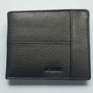 Image 1 (Front): a3417588 - Front view of black leather wallet with T-shaped stitching and embossed logo detail.